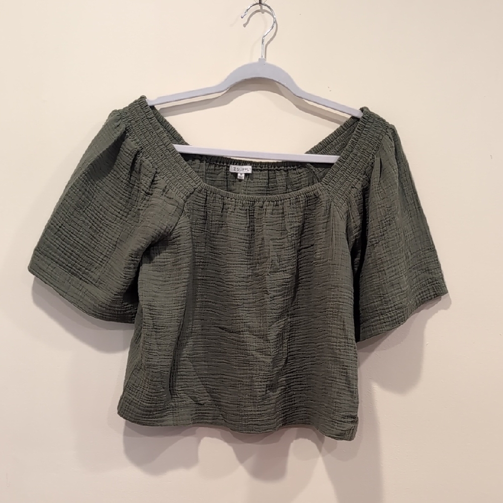 Z Supply Green Relaxed Crop Blouse with Short Puff Sleeves